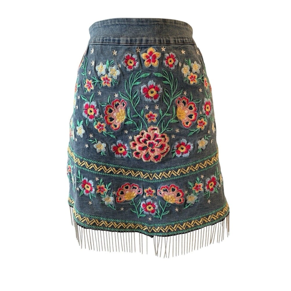 Savannah Jane Women's Embroidered Floral metal Tassel Denim Size S Skirt